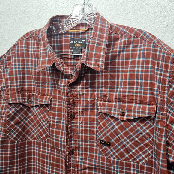 Ariat Rebar Red and White Plaid Pocket Button Down Polo Men's Size XXL - Picture 2 of 5